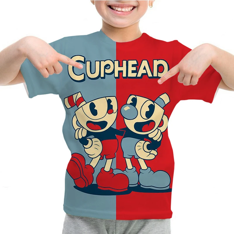 Футболка игровая Cuphead, повседневные Мультяшные футболки, футболки для мальчиков и девочек, топы, летняя детская футболка с коротким рукавом CUPHEAD, детская одежда