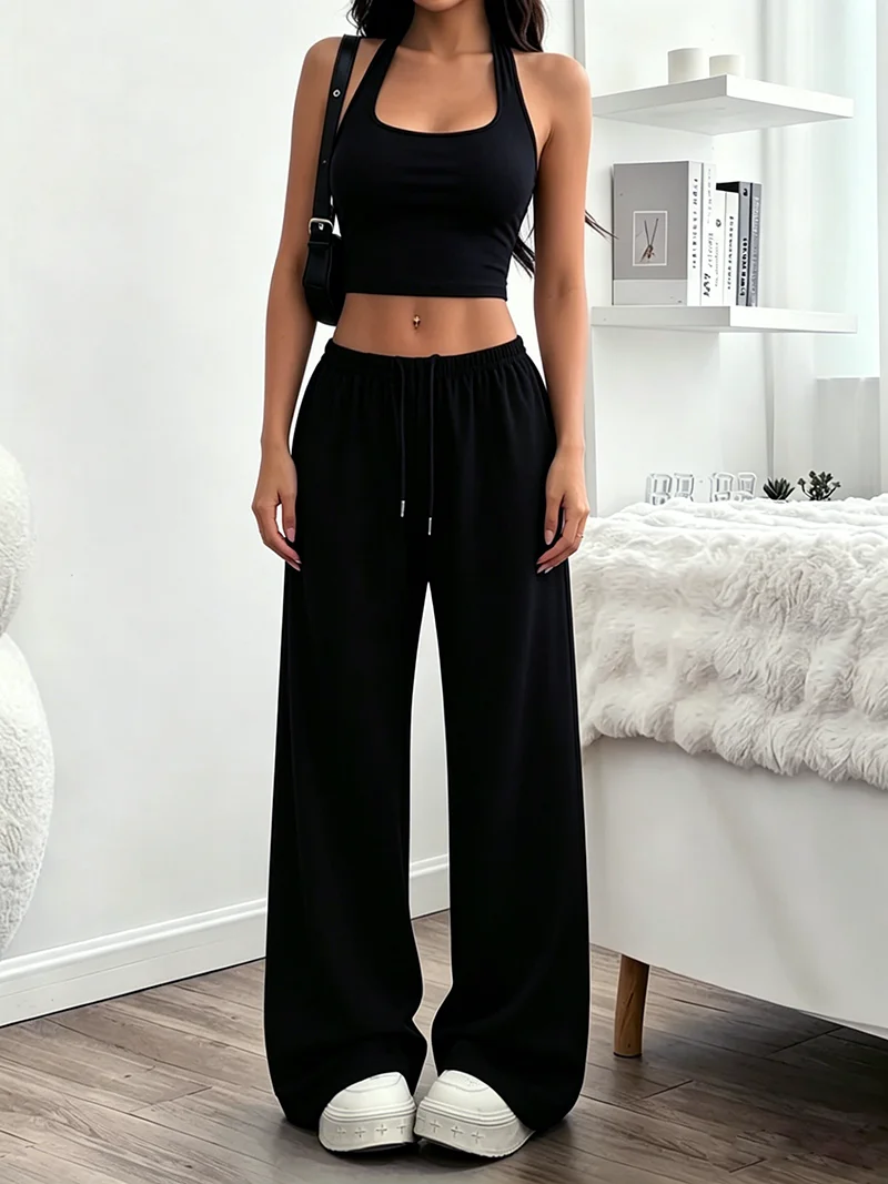 Women's Casual Comfortable Solid Color Vest Top And Wide Leg Pants Set Square Neck Hanging Neck Elastic Waist Strap Outfit view 2