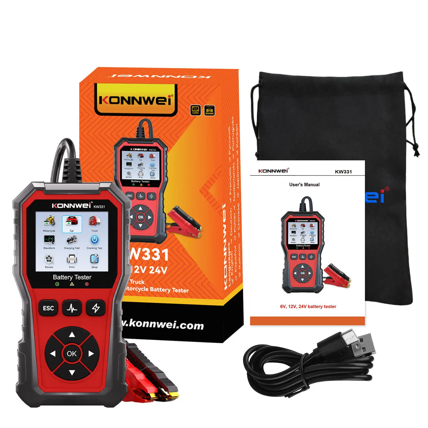 

KONNWEI KW331 6V/12V/24V Battery Tester for Cars Motor Truck 100-2000 CCA Cranking Charging System Analyzer Tool DIY Users