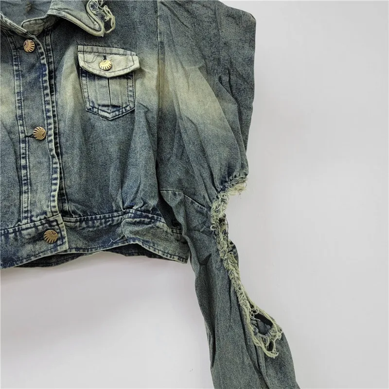 シックな女性用ロングホールバブルスリーブダメージデニムジャケットジーンズコートカウボーイカーディガンハイウエストアウターシングルブレストトップス