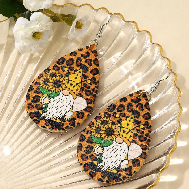 European and American new Christmas creative goblin portrait leopard print sunflower water drop leather earrings
