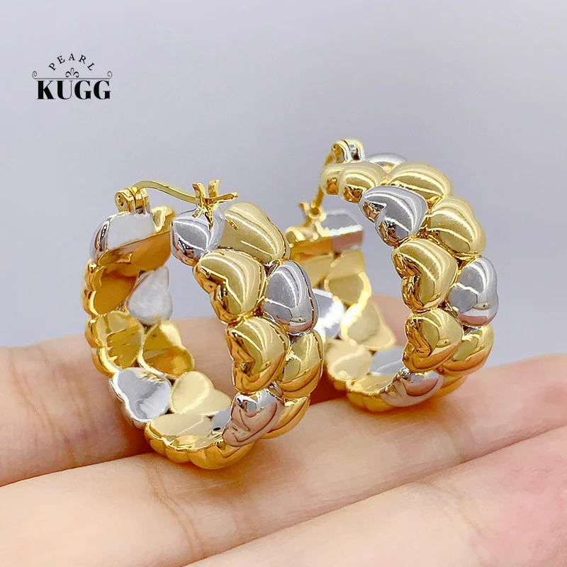 

KUGG 18K White and Yellow Gold Earrings Romantic Heart Design Girlish Style Hoop Earrings for Women Party Jewelry Birthday Gift