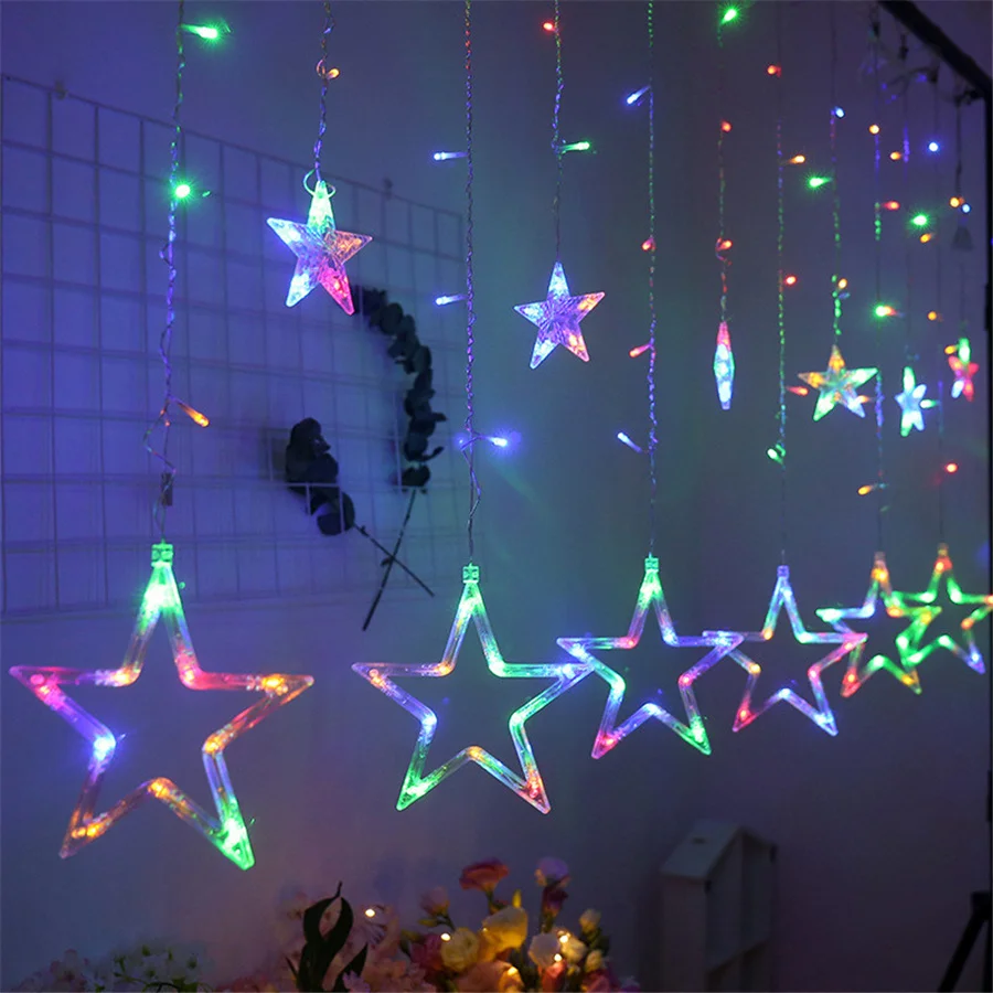 2023 New 2.5M LED Star Christmas Curtain String Lights 8 Modes 220V EU Plug Fairy Garland Lights for Party Wedding Holiday Decor