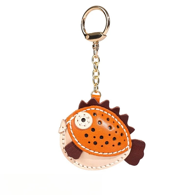 سلسلة مفاتيح لطيفة مخيطة يدويًا من جلد البقر، حقيبة تزيين معلقة على شكل حيوانات من الجلد، قلادة من الجلد الطبيعي #6