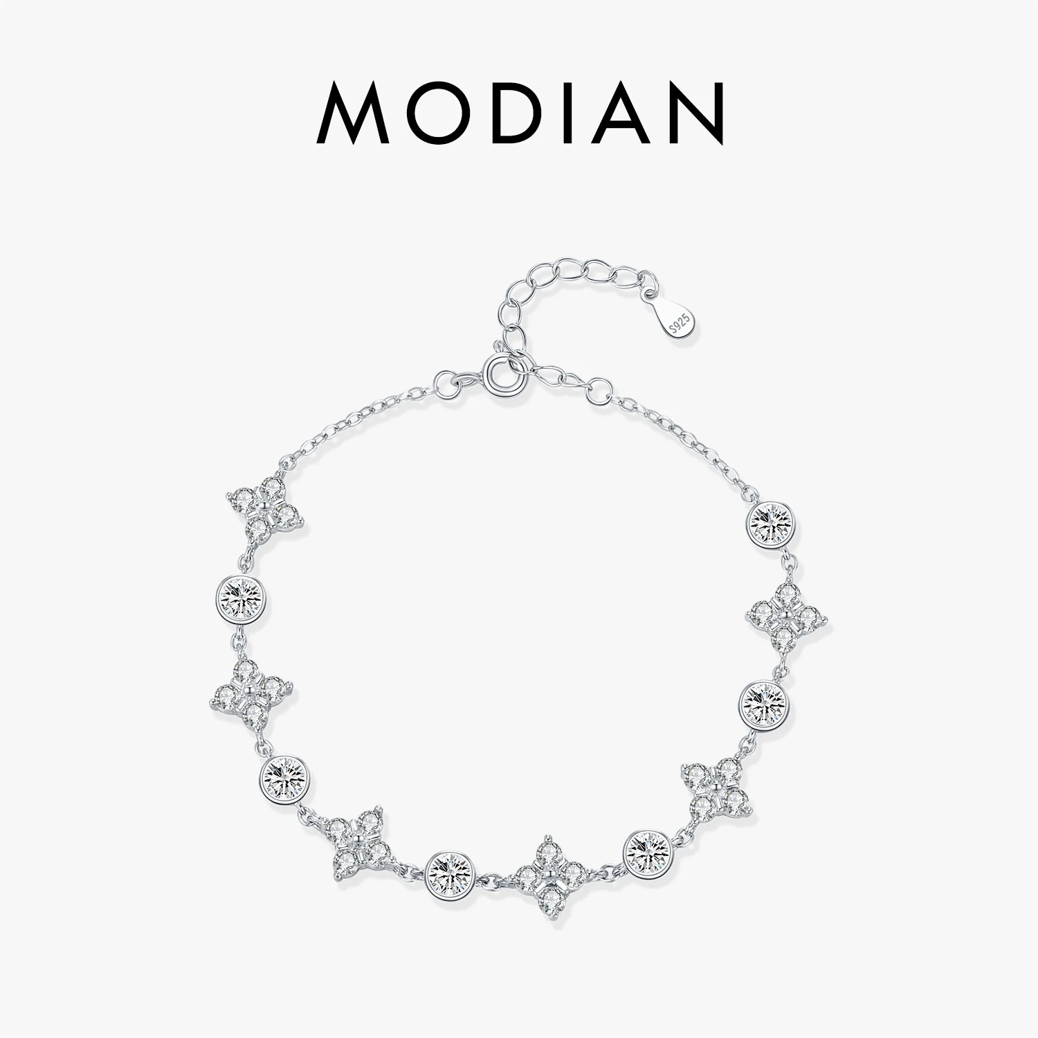 

MODIAN стерлингового серебра 925 пробы, изысканный ослепительный браслет Lucky Four-Leaf Clover с прозрачным цирконием для женщин, вечерние ювелирные украшения