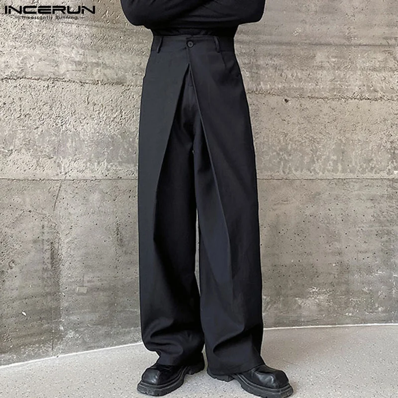 INCERUN 2024 Korean Style Mens Trousers Pleated Double Waistband Design Pants Leisure Well Fitting Male Wide Leg Pantalons S-5XL