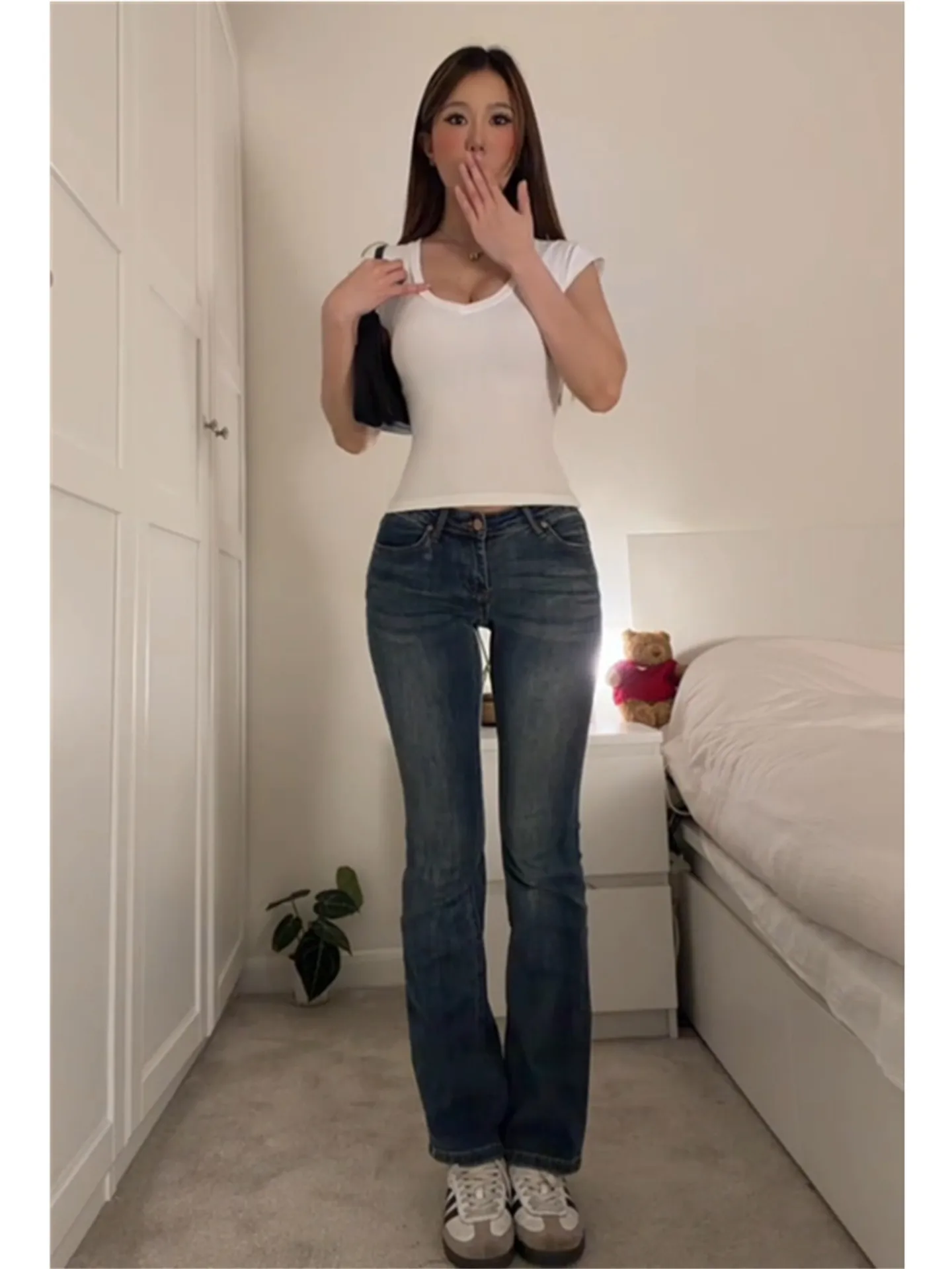 

American Style Vintage Low Waist Bell Bottom Jeans Women's Slim Fit Spring Summer Cotton Soft Washed Denim High Rise Trousers