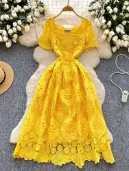 Elegant Hollow Out Embroidery Lace Long Dresses Women Summer Holiday Short Sleeve Flower Retro Midi Evening Party Vestidos