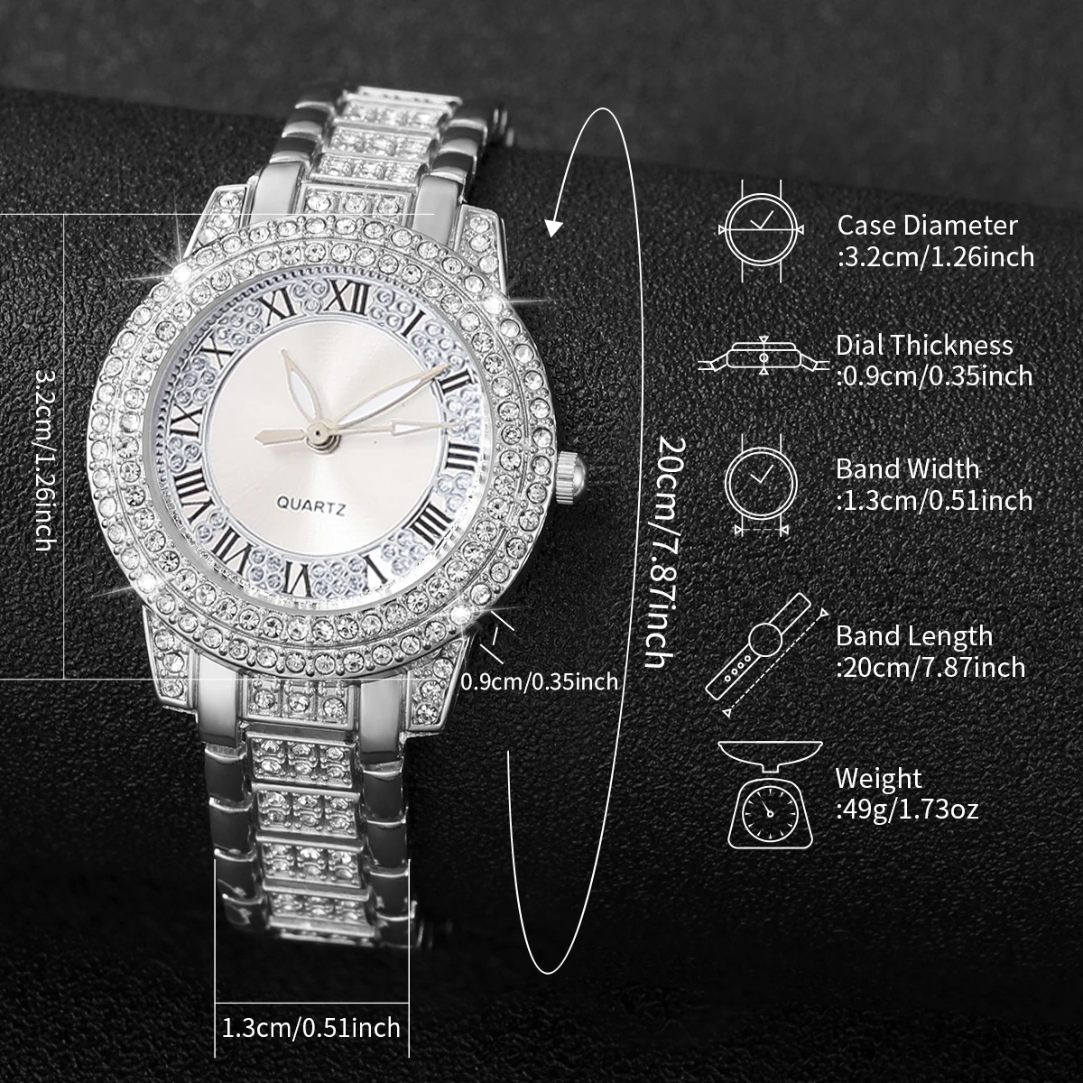 6PCS/Set Women\'s Watch Fashion Rhinestone Roma Dial Quartz Watch Steel Band Wristwatches Diamond JewelrySet（Without Box）