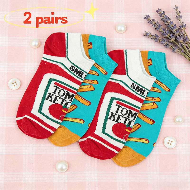 2 Paar süße Socken mit Pommes Frites und Ketchup, lässige Cartoon-Socken für Damen