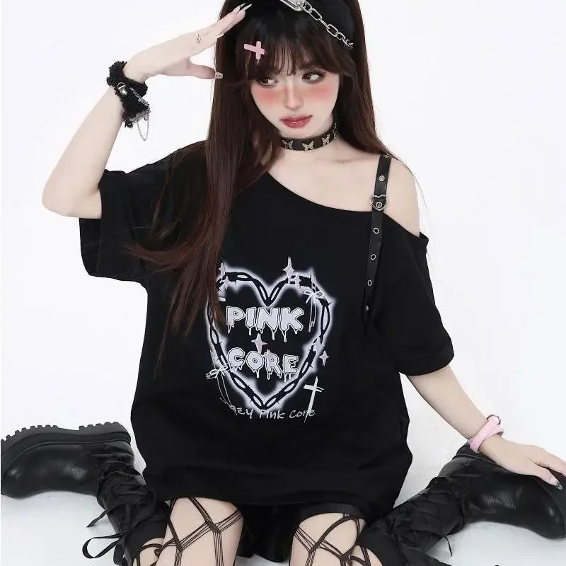 Subcultural punk dark leather button short sleeve t-shirt women Summer off shoulder loose sweet spicy Y2K tops women clothing