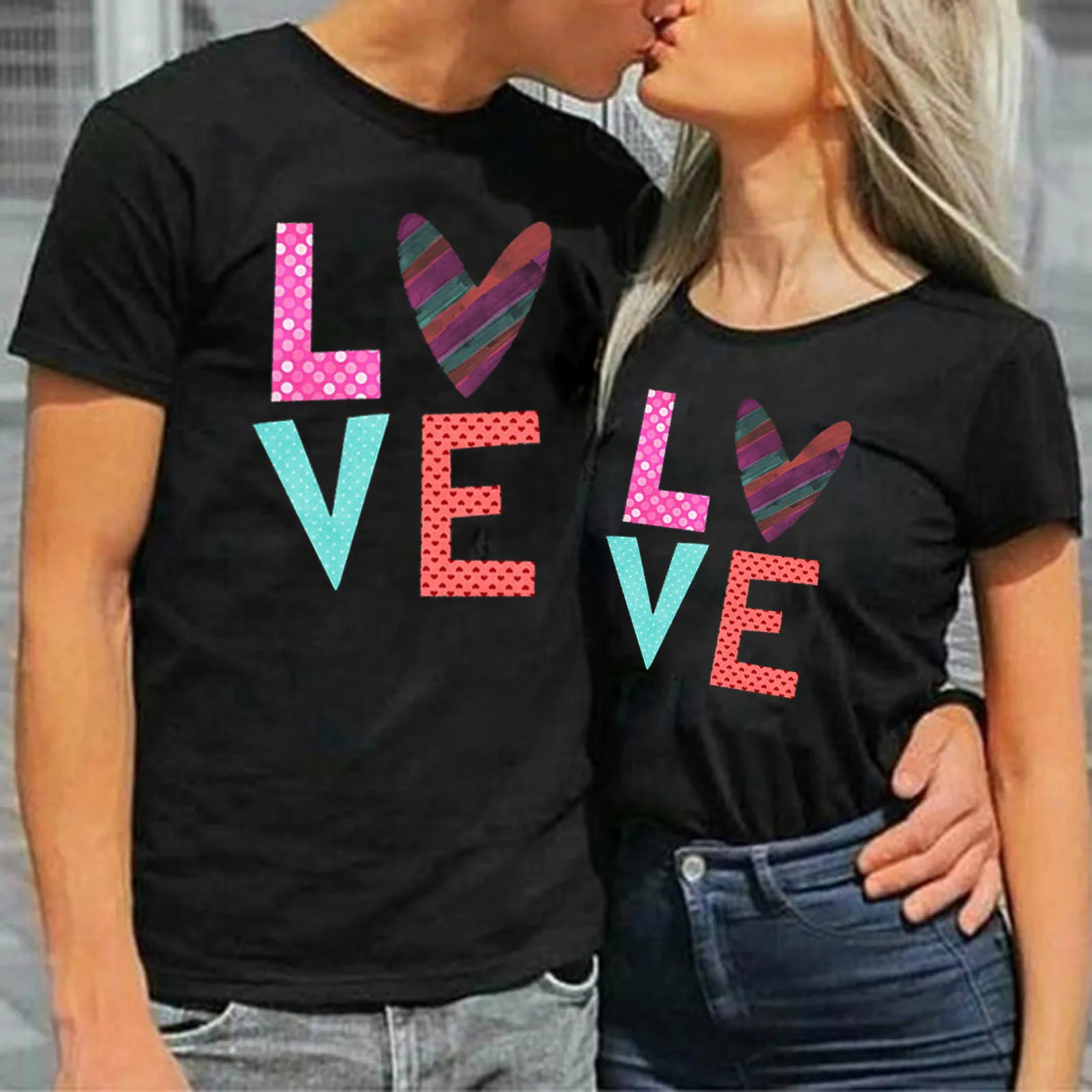 

Colorful Love Print Couple T Shirt Short Sleeve O Neck Loose Lovers‘ Tshirt Women Men Tee Shirt Tops Clothes Camisetas Mujer