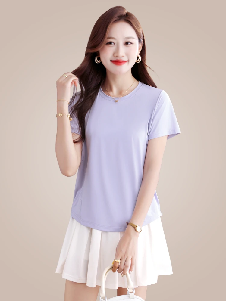 

Faionable Ice Silk Qui Dry Sport Skirt Set Women's round Ne ort Sve T-irt Skirt Two Piece Set Summer New Arrival