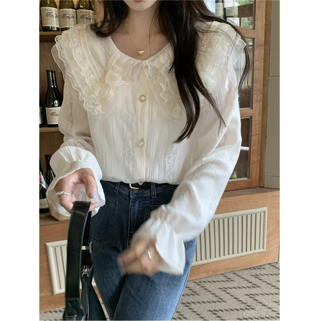 Women  White Lace Blouse with Ruffle Trim V-Neck Long Sleeve Button Down Loose Fit Romantic Casual Top
