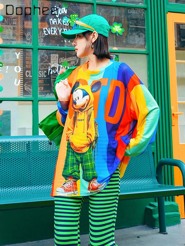 

Color Striped Letter Mesh Casual T-shirt Spring and Summer New Cartoon Pattern Trendy Brand Loose Bottoming Shirt Women