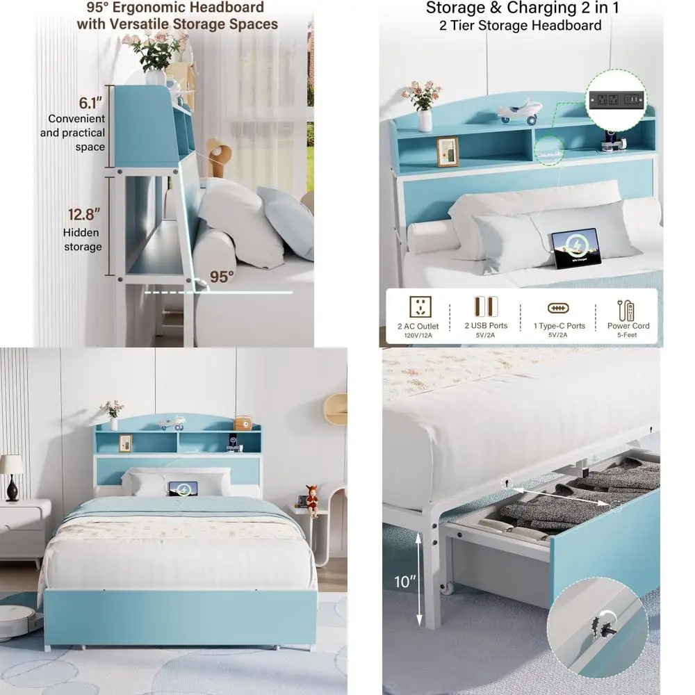 

Прочная металлическая двухъярусная кровать с местом для хранения, зарядкой 3-в-1, без пружинного блока, бесшумная, нескользящая — идеально подходит для детских, подростковых или гостевых комнат (B)