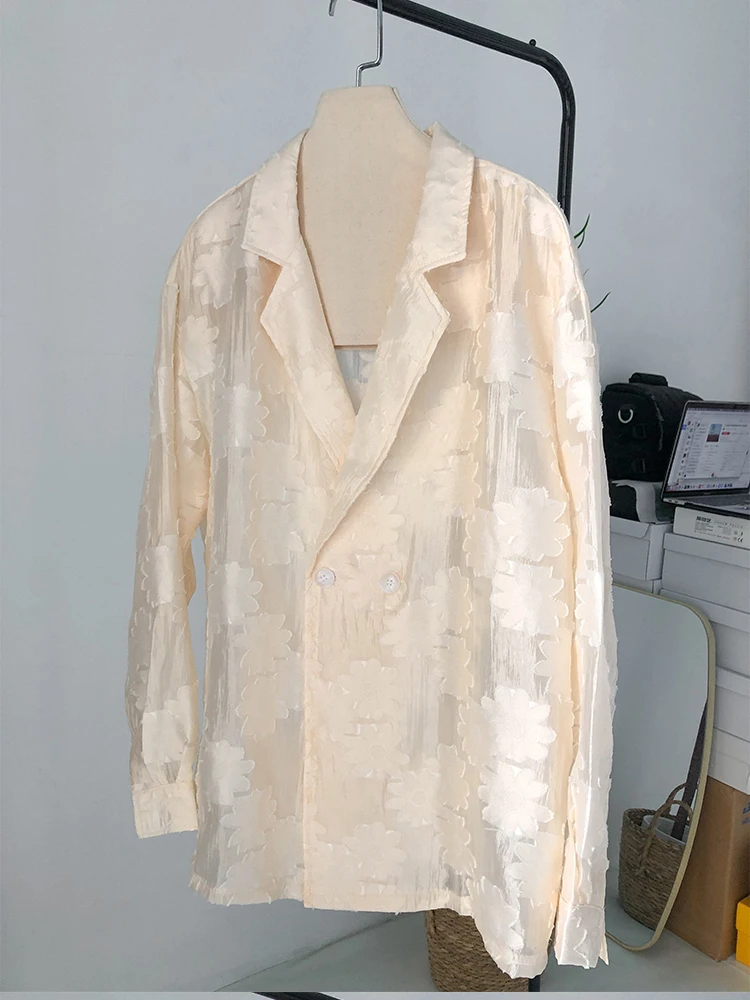 [EAM] camicetta di grandi dimensioni con ricamo Jacquard Beige da donna nuova camicia ampia a maniche lunghe con risvolto moda primavera autunno