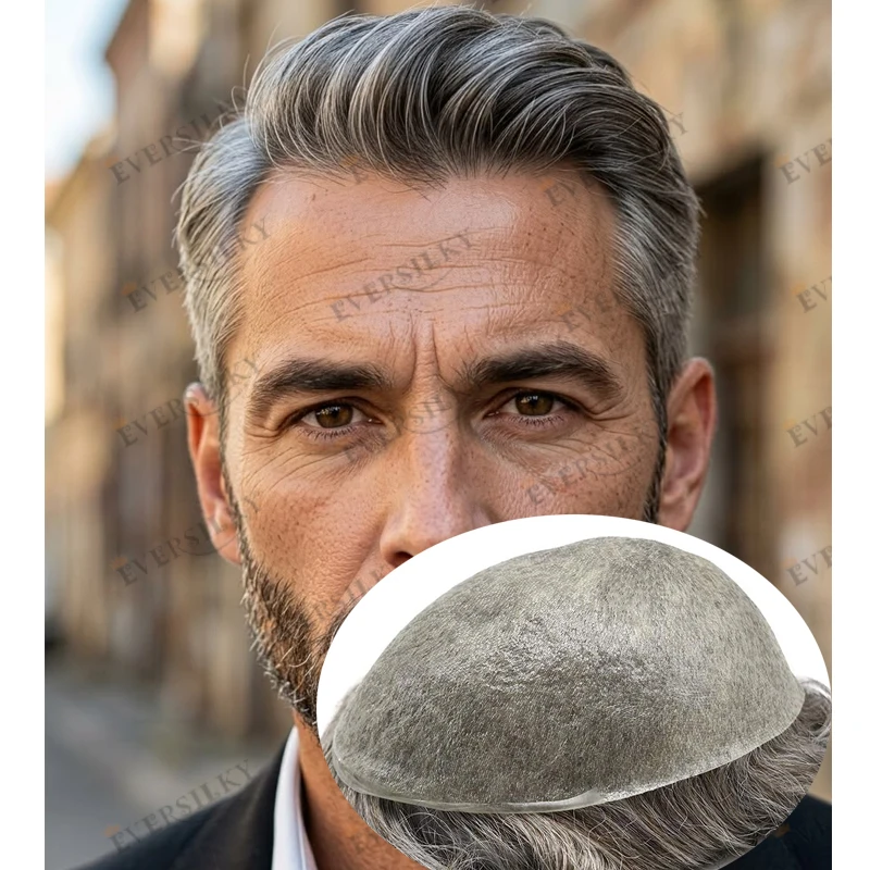 Ultra Thin Skin Base Super Natural Hairline Remy Human Hair #540#320 Brown Grey Old Hairloss Men Easy Wear Comfortable Toupee