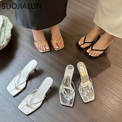 SUOJIALUN 2023 Summer Thin High Heel Women Slipper Fashion Narrow Band Slip On Ladies Flip Flop Outdoor Dress Sandal Slides Shoe