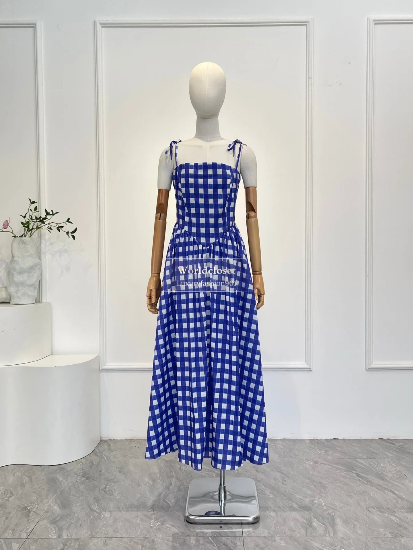

Cotton Spring Summer 2026 High Quality Classic Blue Plaid Print Sling Sleeveless Women Midi Dress