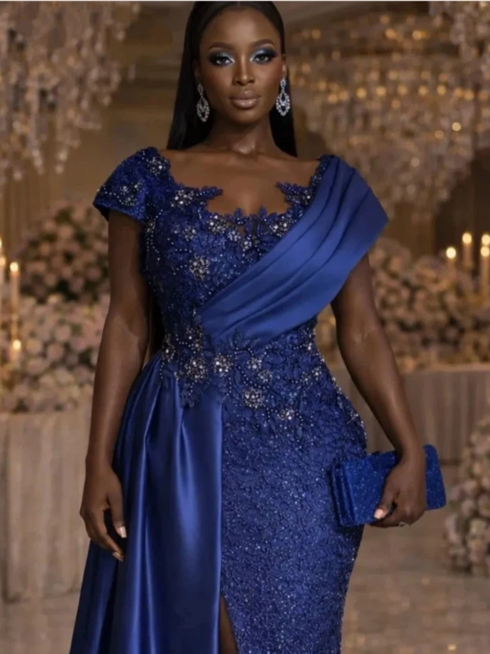 Luxurious Aso Ebi African Lace Bead Stickers Party Evening Dress Sexy Split Sleeveless Formal Occasion Ball Dress Customized