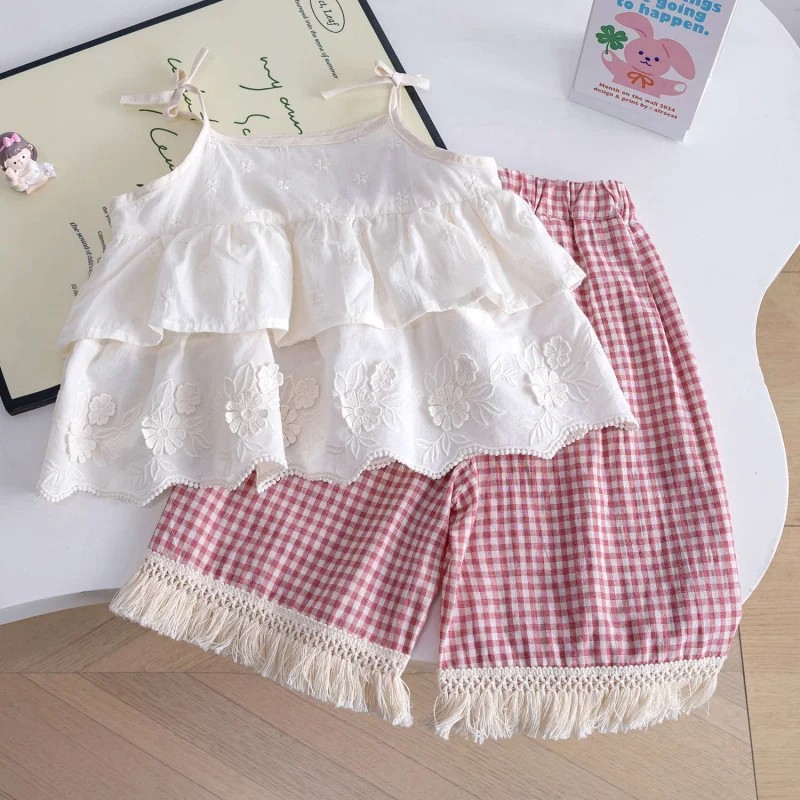 

Girls' Suit Summer2025New Style Children's Fashionable Lace Embroidered Strap Top and Wide-Leg Pants Two-Piece Set