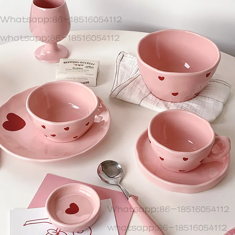 Salad Bowl Pink Heart Pattern Ceramic Plate Coffee Cup Children Dessert Bowl Household Cute Dinner Plates Restaurant Tableware