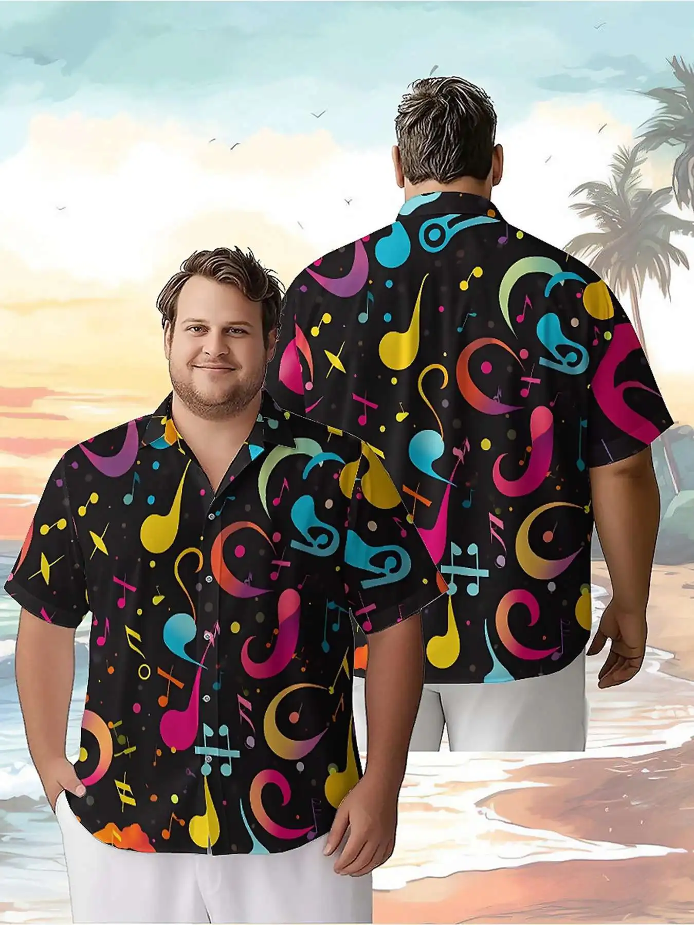 

Men's Plus Size Hawaiian Shirts Colorful Musical Notes and Guitar pattern,New in Summer Fashion Tops,Hip Hop Rock Streetwear