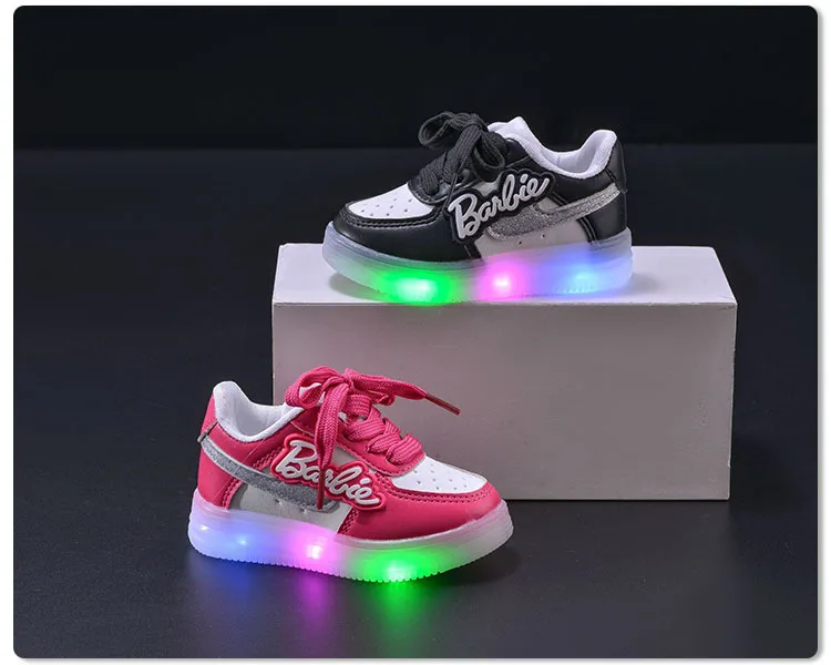 Anime Barbie Girls Letter Luminous Sneakers Cartoon Kids Students Soft-soled Sneaker Children Loose Casual Light Shoes Gifts