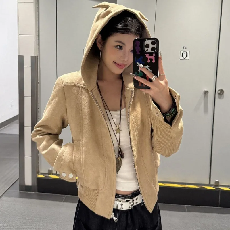 Classic Retro Little Devil Hooded Jacket for Women Slim Fit Short Hoodies Coat Girls American Personality Zipper Hooded Outwear