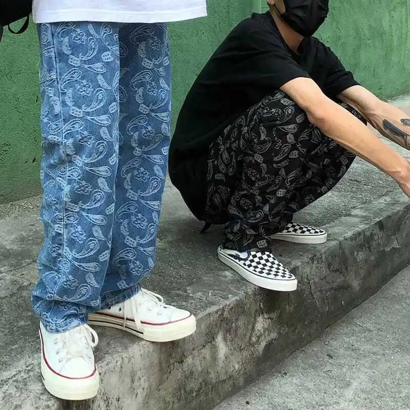 MEN FASHION High Street Hip Hop Full of Embroidered Cashew Flower Jeans Loose Straight Retro Dad Pants Men Baggy Jeans Man Pants