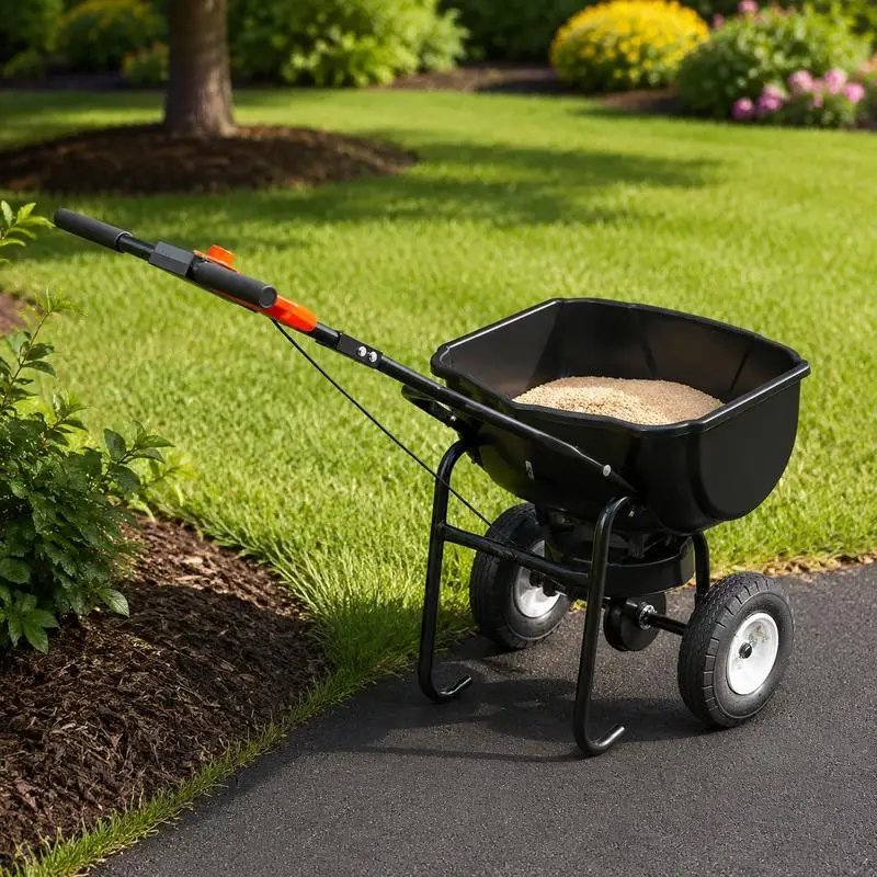 Épandeur manuel, capacité de 60 lb, épandeur à pousser avec grille de trémie, largeur d'épandage de 0 à 9,8 pieds, pneus pneumatiques tout-terrain de 8 pouces, épandeurs de semences et d'engrais pour jardin et pelouse
