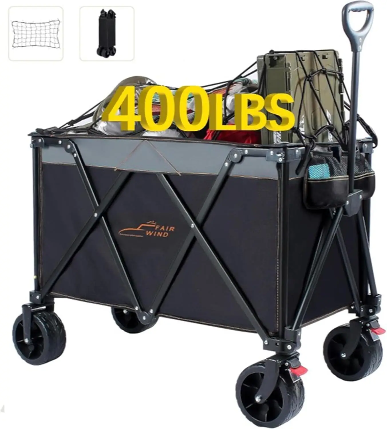 

280L Collapsible Foldable Wagon Cart, 400LBS Capacity Extended Height Wagon with Brakes＆Cargo Net, Heavy Duty with Big All-Terra