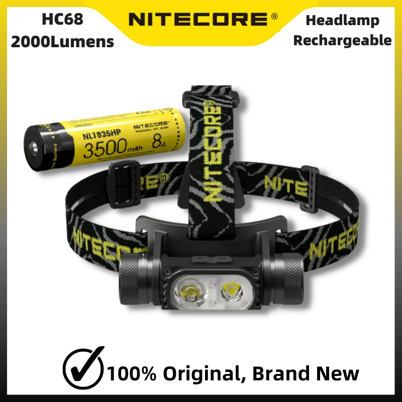 

Высокопроизводительный двухлучевой налобный фонарь NITECORE HC68 с электронной фокусировкой, красный свет предупреждения, включает в себя аккумулятор NL1835HP 3500 мАч