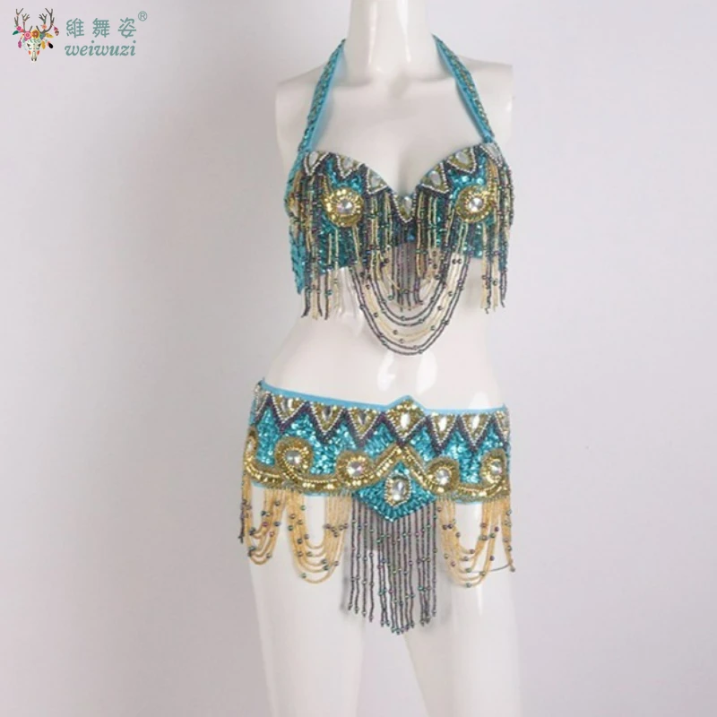 

Sexy Girl Belly Dance Costume Wear Beaded Sequins Bar+Belt 2pc Set Ladies Bellydancing Costumes Bellydance Clothes