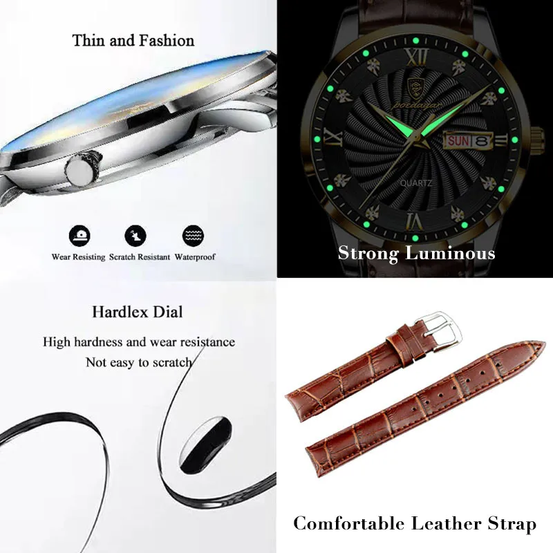 POEDAGAR High Quality Men\'s Watch Fashion Luxury Casual Belt Leather Strap Date Week Luminous Waterproof Quartz Men Watches+Box