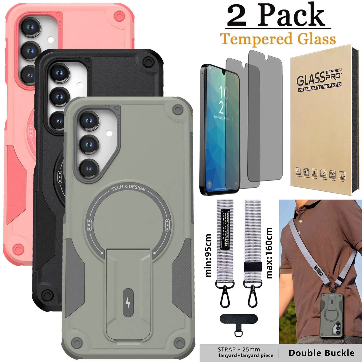 

Для Samsung Galaxy A16 магнитный противоударный чехол-подставка + цепочка для телефона + 2 шт. защитная пленка из закаленного стекла для конфиденциальности