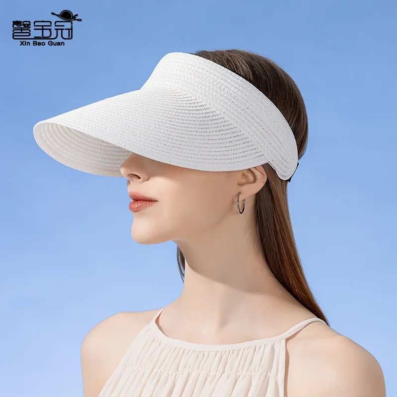 UPF50+ Wide Brim Visor Hat for Women Straw Beach Sun Visor Foldable Ponytail with UV Protection