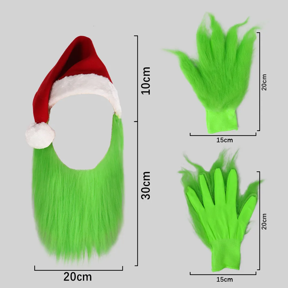 Grüne Bart-Weihnachtsmütze für Herren mit pelzigen Handschuhen für Erwachsene, Weihnachts-Cosplay-Kostümzubehör – Detail 3