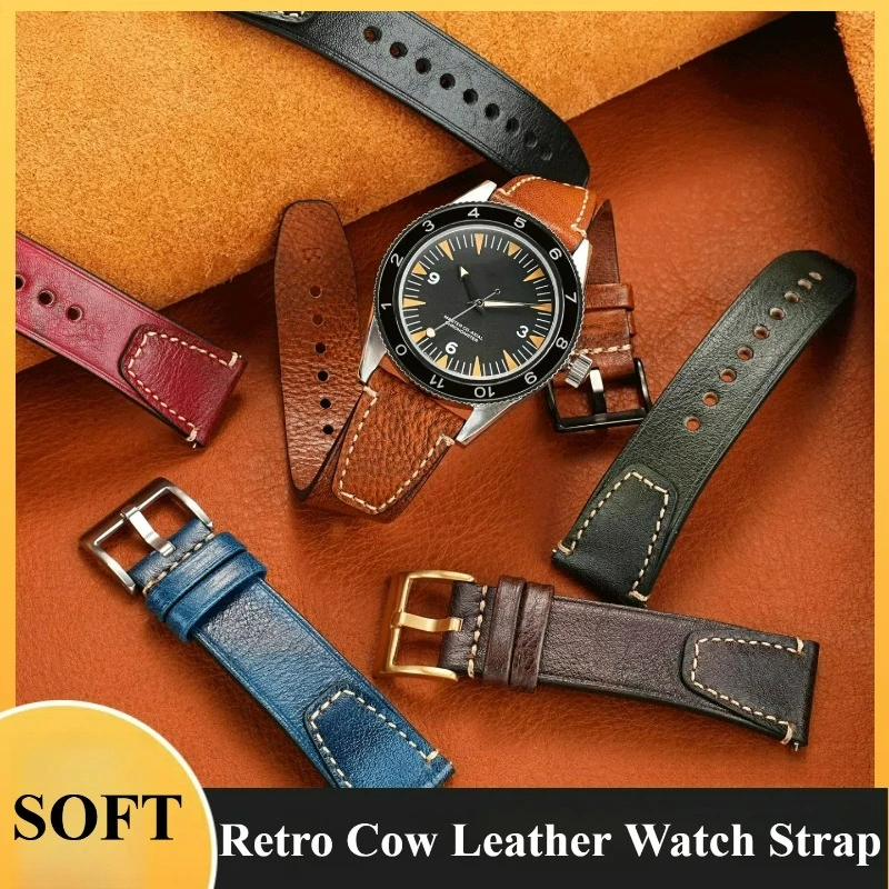 Pulsera de reloj de piel de vaca de diseño poroso transpirable para Seiko 5 MIDO Commander Tissot Seastar Retro correa de reloj de cuero genuino