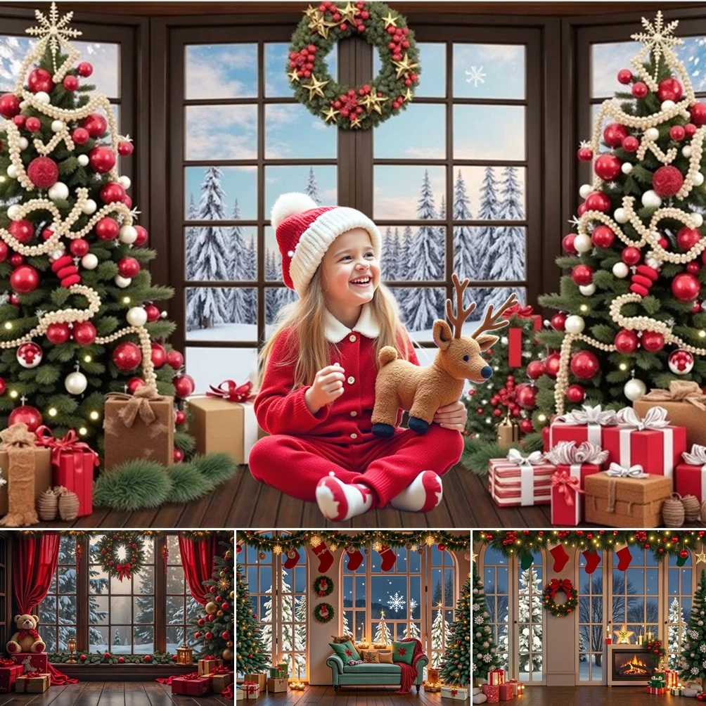 

MOON.QG 2025 Christmas Background Photography Window Xmas Trees Sock Gifts Backdrop Photo Studio Party Decorations Baby Shower