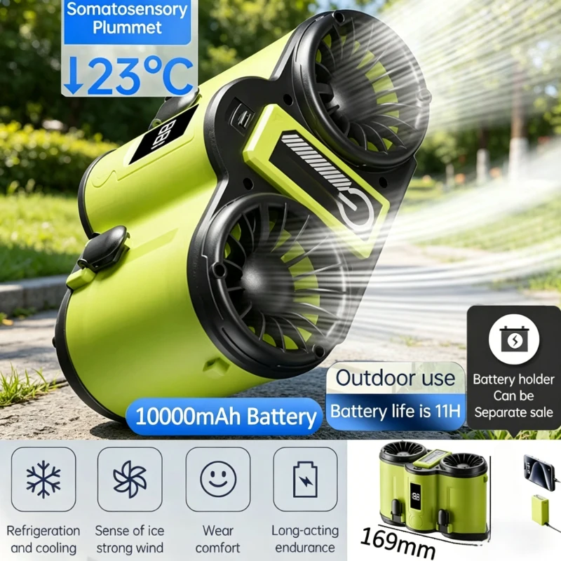 

10000mAh Refrigeration Waist Fan, 11H Super Long Battery Life, Dual Airflow Hands-Free Wearable Cooling Fan for Outdoor Work,