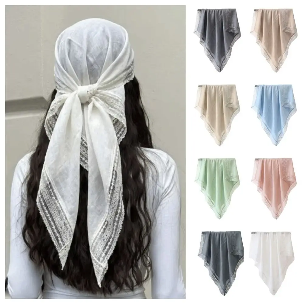 Luxury Solid Color Square Silk Scarf Lace Shawls and Wraps Bandana Scarf Oversides Polyester Hijab Scarf Women
