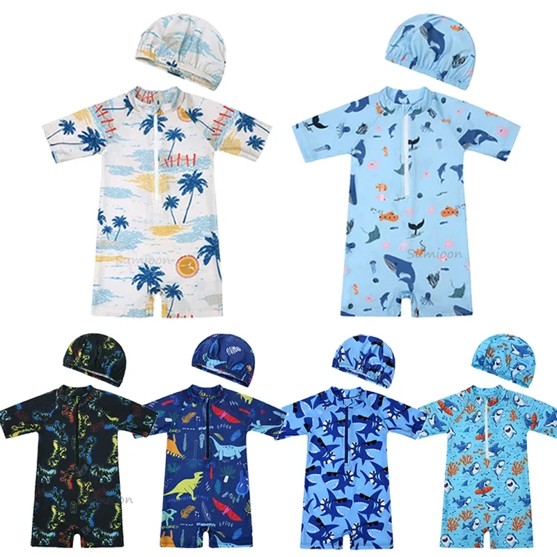 

2025 детский купальник с длинными рукавами для мальчиков и девочек, повседневный купальник на молнии с принтом морских животных и шляпа, пляжная одежда, купальный костюм