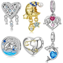 Jiuhao Love Family Beads 925 Sterling Silver Golden Moon Shark Heart Pendant Charm Fit for European Fashion Brand Bracelet