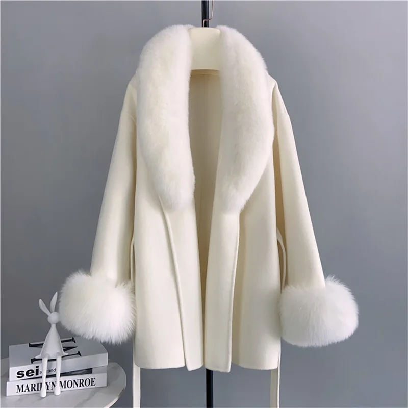 

RosEvans Real Big Fox Fur Collar Fox Long Belt Coat Double-sided Solid Color Wool Temperament Jacket Woman Loose Fit Winter New