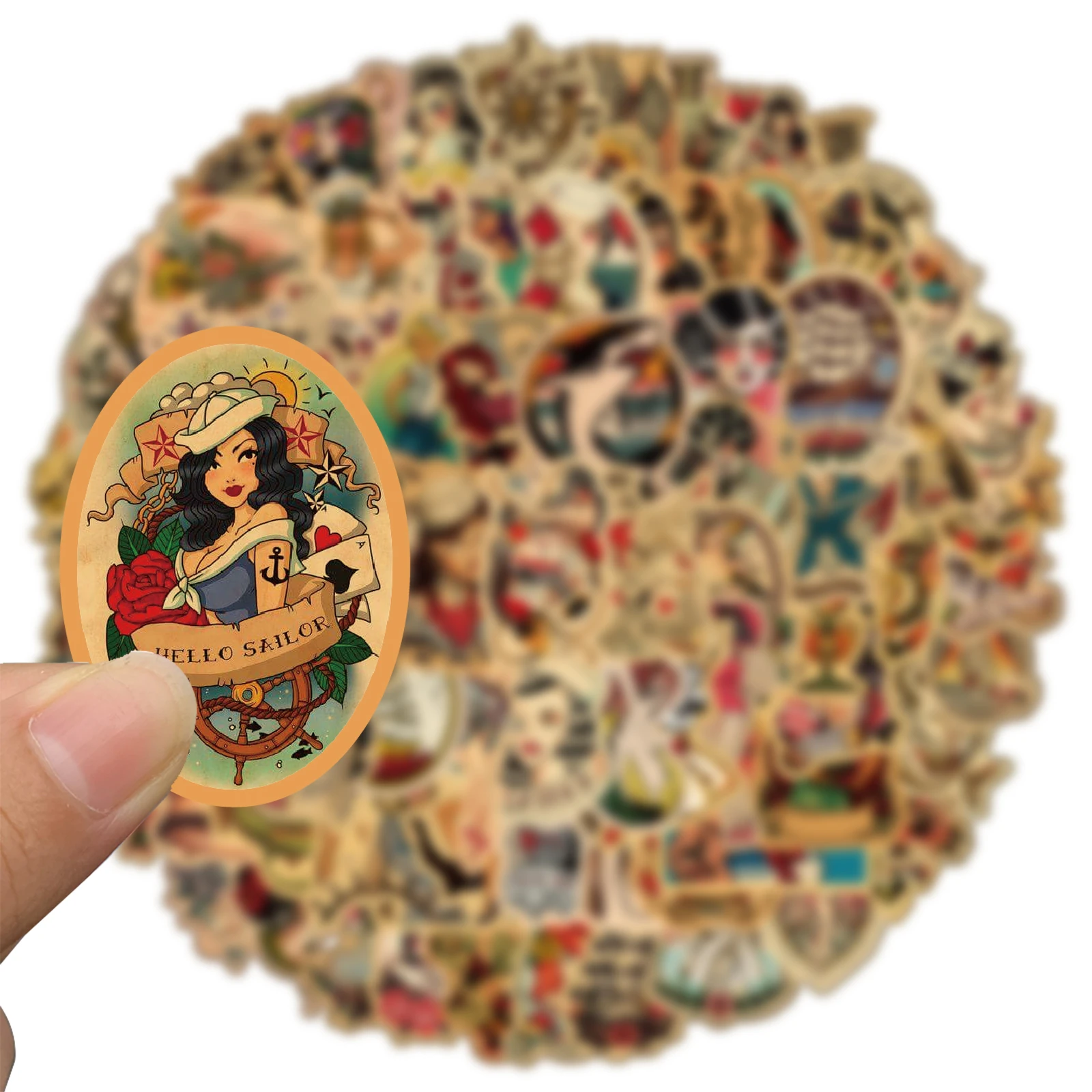 100pcs Retro old school tattoo style sticker refrigerator skateboard trolley case decals backpack waterproof PVC sticker