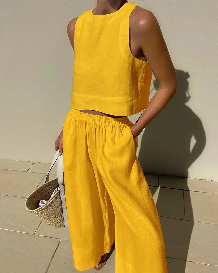 Summer Loose O-Neck Top Wide Leg Pants Two Piece New Elegant Pullover Pants Summer Suit Women Harajuku Style Cotton Linen Suit