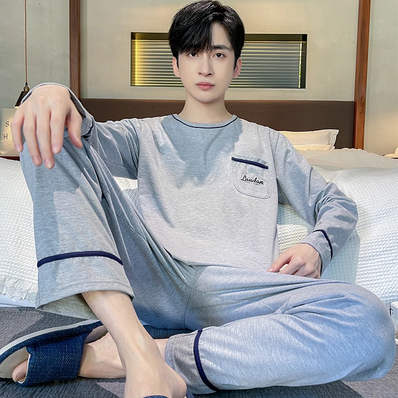 

Plus Size L-5XL Men 100% Cotton Pajamas Set Spring and Autumn Male Long Sleeve Casual Sleepwear