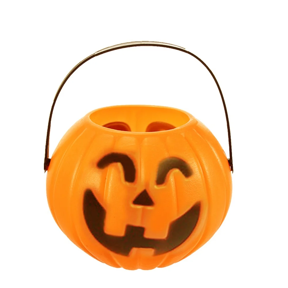 

5pcs Smiling Pumpkin Bucket Shape Candy Holder Halloween Face Design Black Handle Plastic Lightweight Party Supplies
